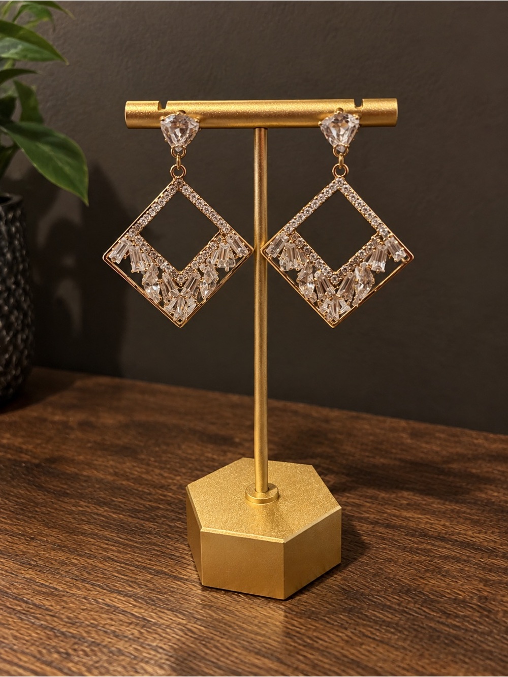 18K Gold Over Copper CZ Geometric Drop Earrings ā 925 Posts ā 1.5ā x 1.5ā
